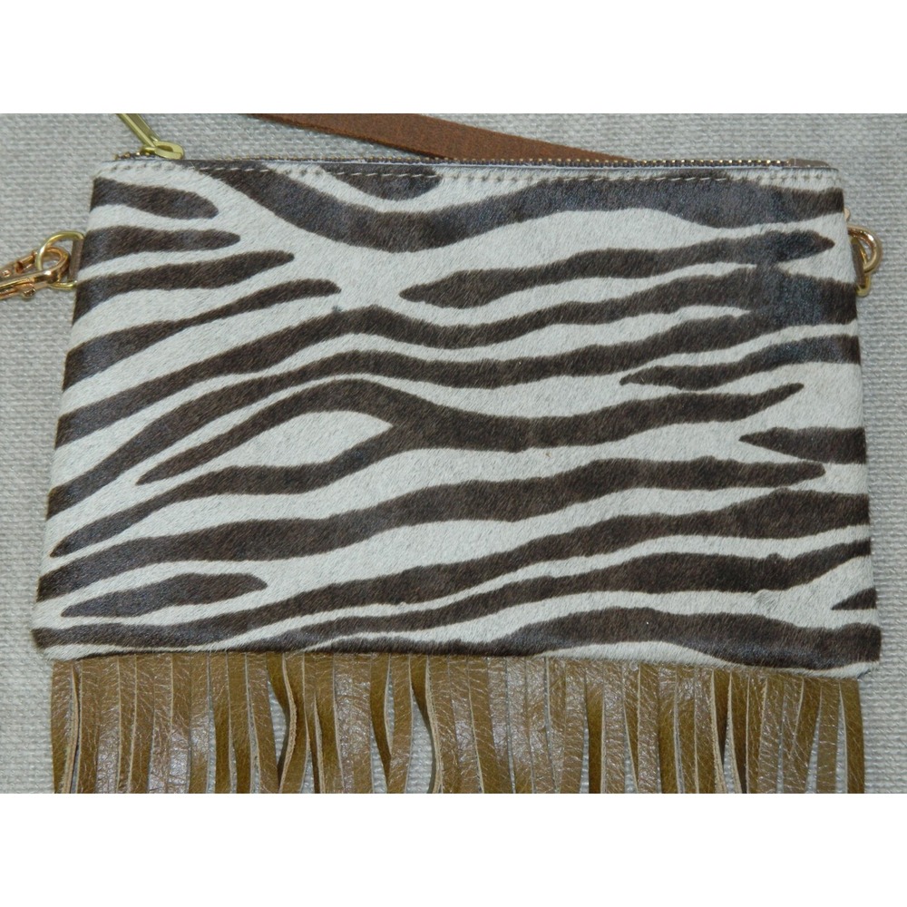 Crossbody Purse Bag Brown Zebra Cow Calf Hair Leather Fringe Crossbody USA - Picture 7 of 9
